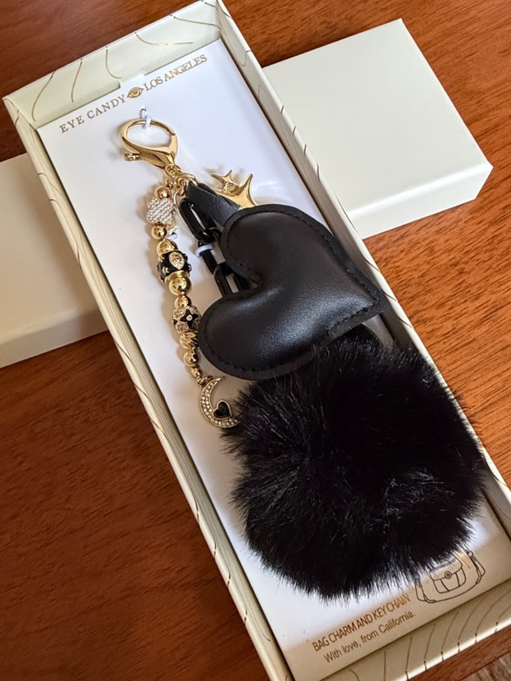 Eye Candy Black Heart Pom Pom Keychain Bag Charm-NWT